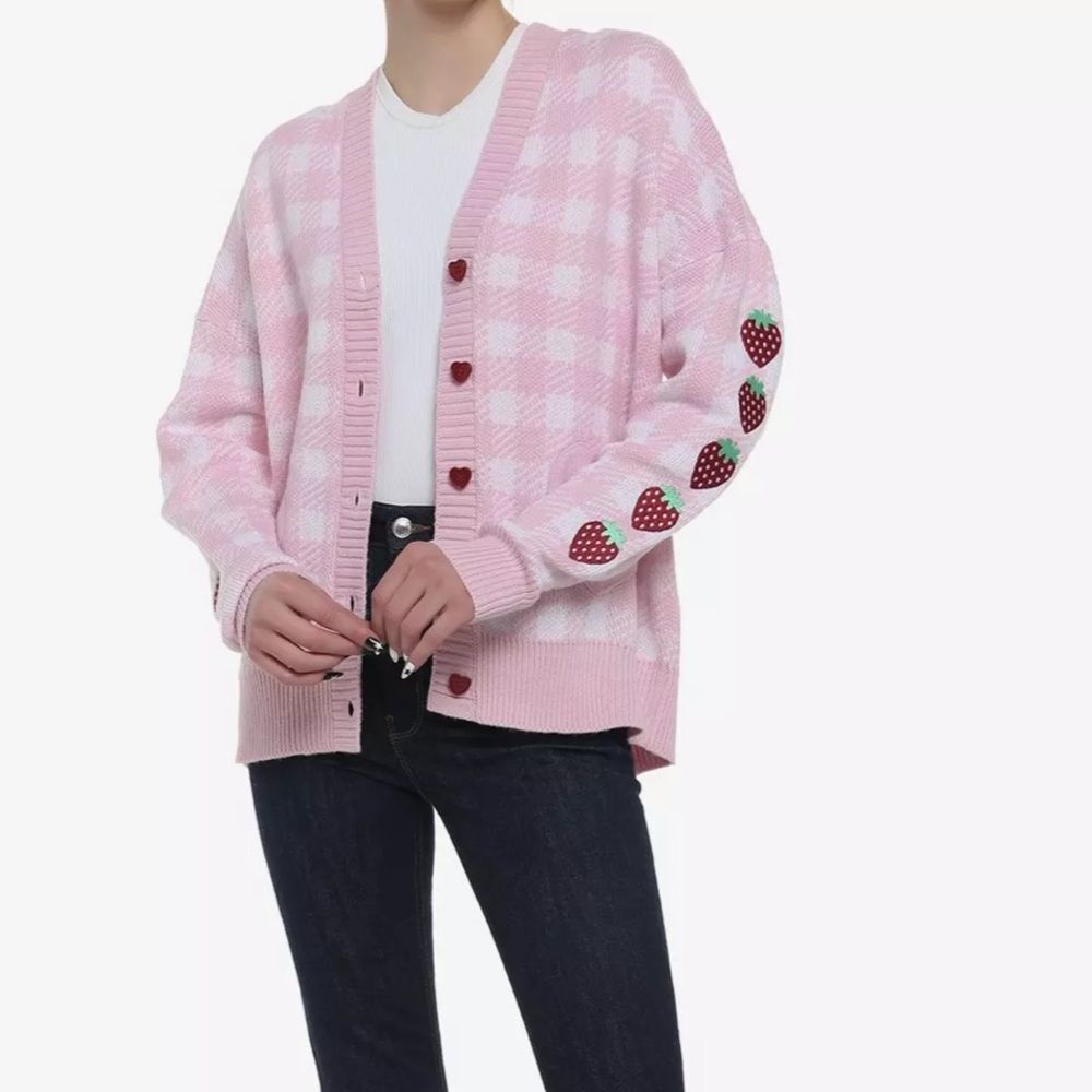 Sweet Society Pink Gingham Strawberry Heart Oversized Cardigan Plus Size XL